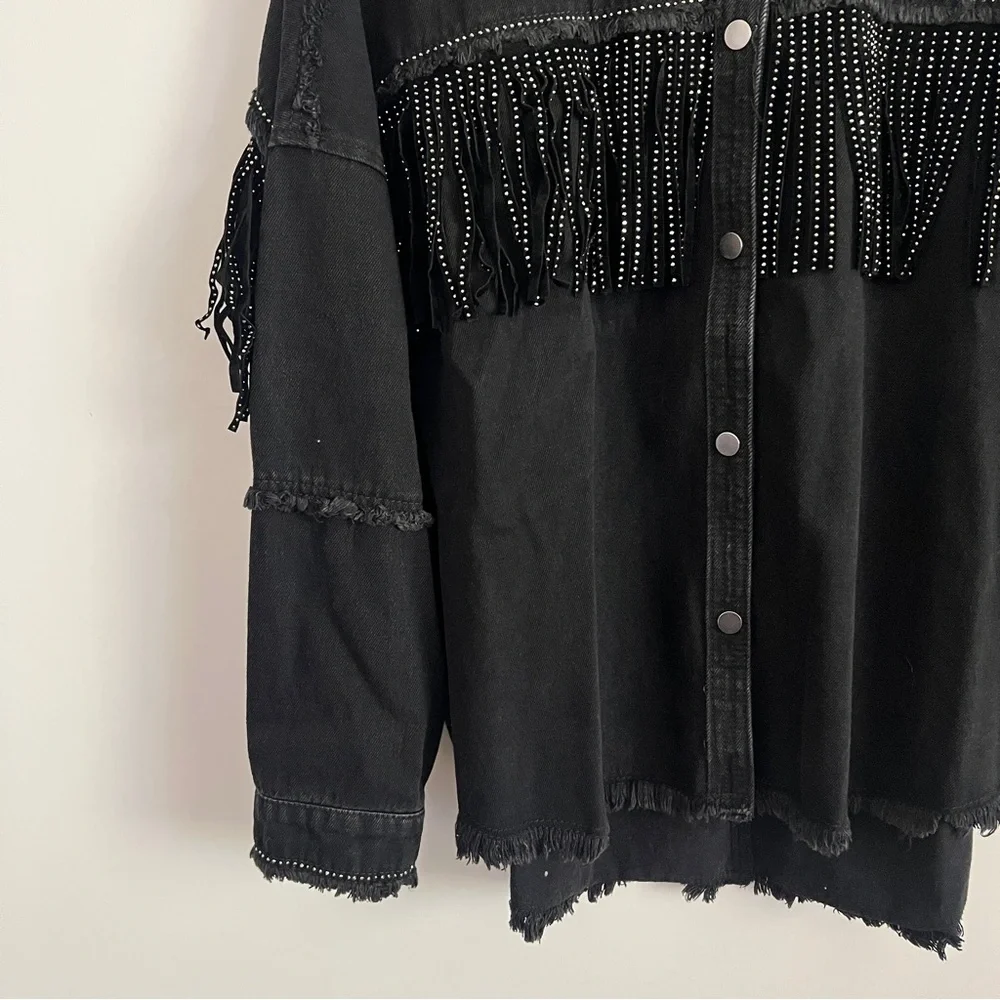Zara Rhinestone Fringe Studded Jean Jacket Black Women’s Size XS - Picture 4 of 8
